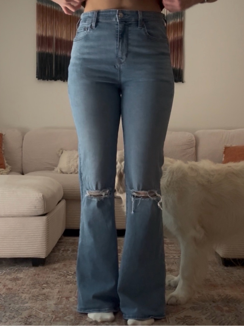 American Eagle Outfitters Light Blue High-Rise Flare Jeans with Knee Rips